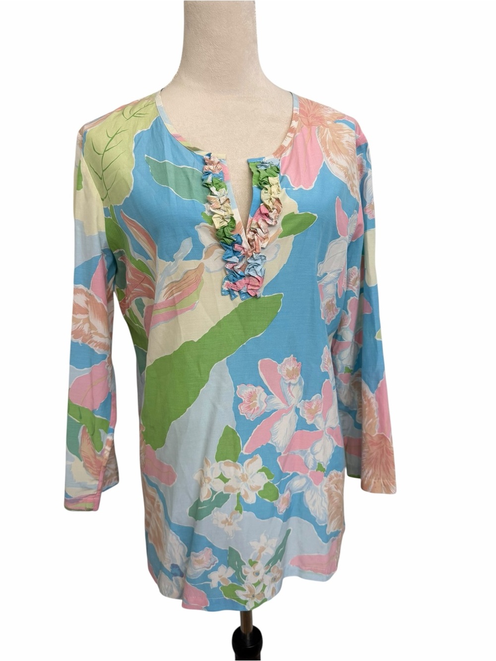 J. McLaughlin Floral Ruffle V-Neck Paisley Summer Cotton Tunic